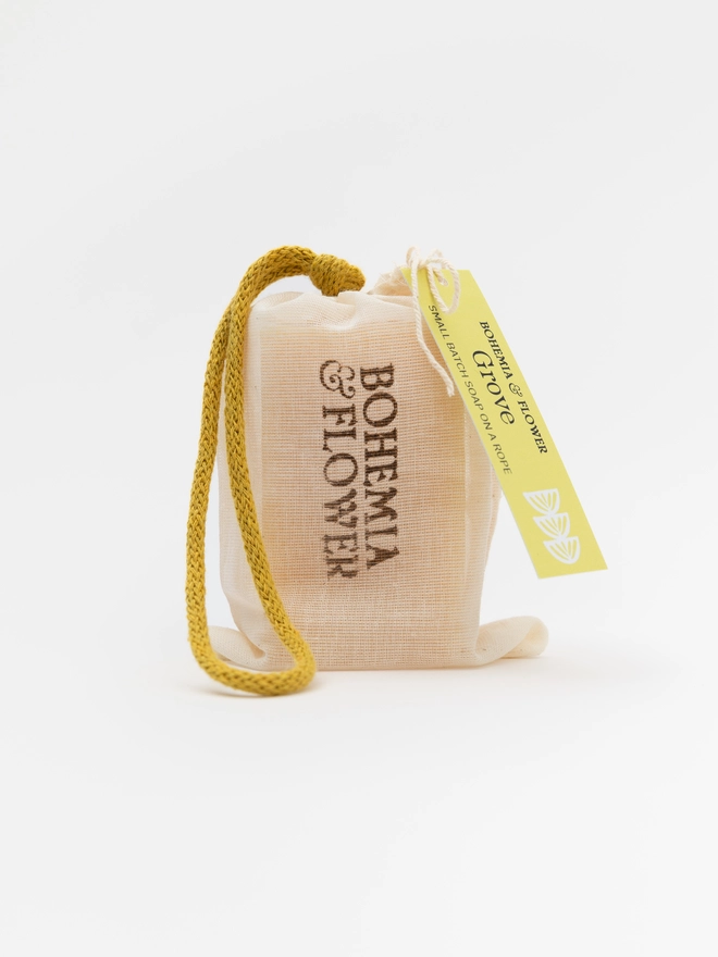Handmade Grove Soap on a Rope - sunshine yellow citrus soap with orange and bergamot oils, calendula petals, and British-made cotton rope