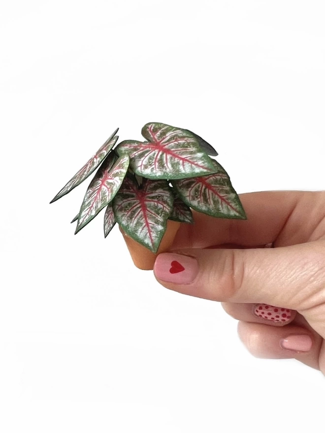 A miniature replica Caladium Rosebud paper plant ornament in a terracotta pot held between 2 fingers against a white background