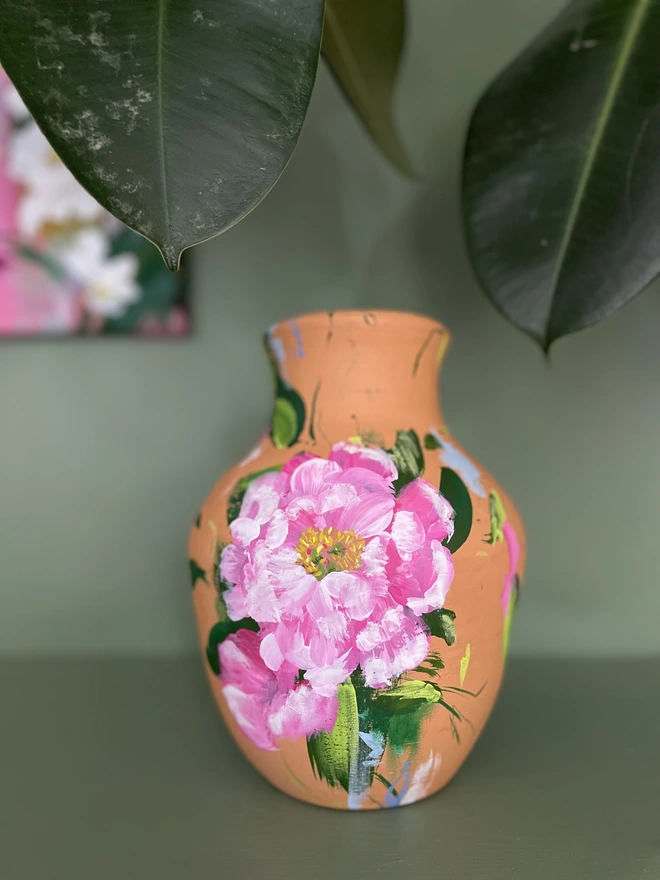 hand thrown terracotta dried flower vase hand painted pink peony blooms
