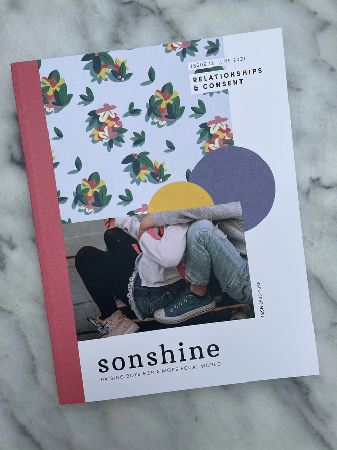 Sonshine Magazine Issue 12: realationships and consent a paper magazine with a photograph of two children sitting together