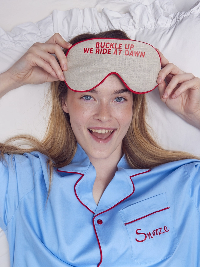 CATHERINE COLEBROOK NATURAL LINEN 'WE RIDE AT DAWN' EYE MASK 2