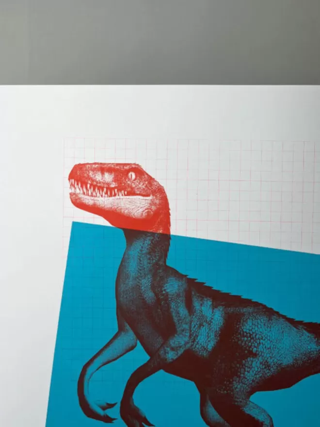 Big Red Raptor - Screen Printed Dinosaur Poster - left close up