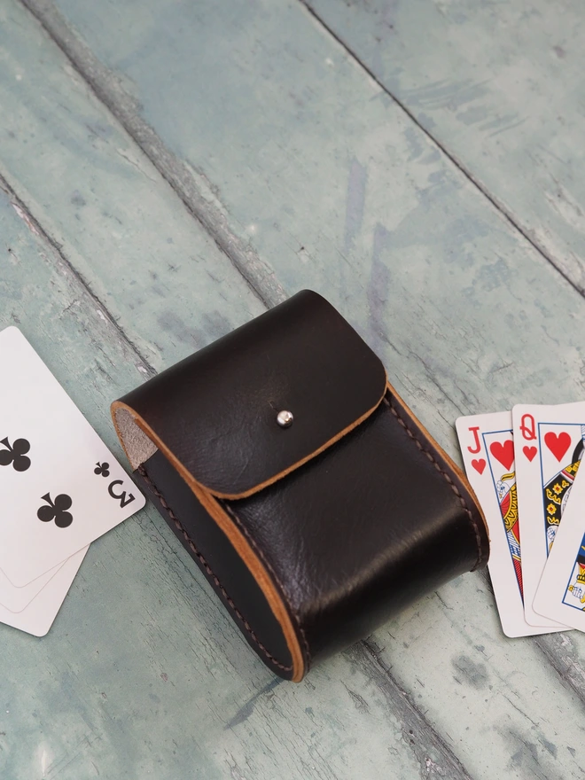 Personalised Leather Double Deck Playing Card Holder. Hand dyed dark brown case with two packs of playing cards.