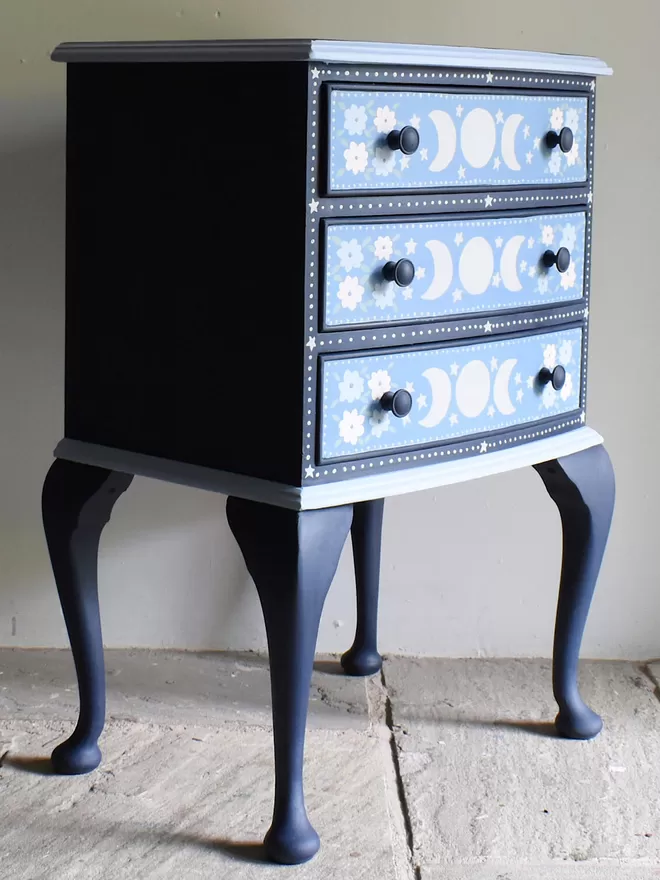 blue celestial folk art drawers storage bedside table vintage hand painted