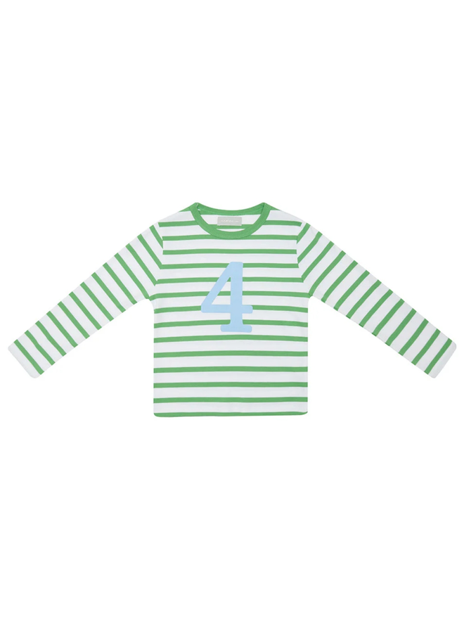 Grass Green & White Breton Striped Number 4 T Shirt