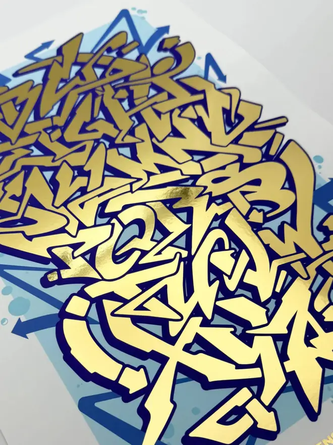 Graffiti Alphabet Metallic Gold Foil Print, close-up. 