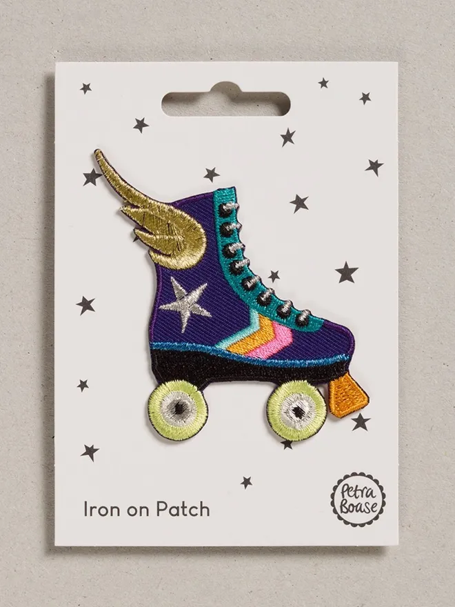 Rollerboot embroidered iron on fabric patch.