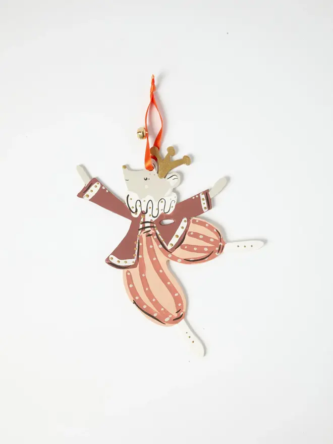 Mouse King Tree Dancer.   wooden hanging mouse king decoration with a gold crown and jingle bell, terracotta jacket and dusky pink striped trousers, orange ribbon, arms and legs outstretched, on a white background