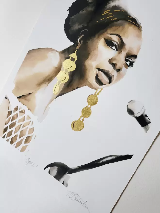 Image of this unframed print showing the glistening gold leaf and the artist signature.