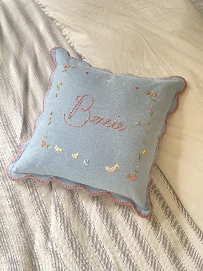 Bespoke hand embroidered scallop cushion new baby birthday gift. First birthday. 