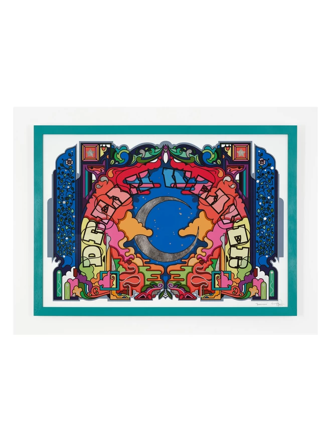 A silver waxing crescent moon sits in the centre of the image under the words “Dream Weaver” which arches around it. The central illustration is brightly coloured, and is edged with a dark blue border.
