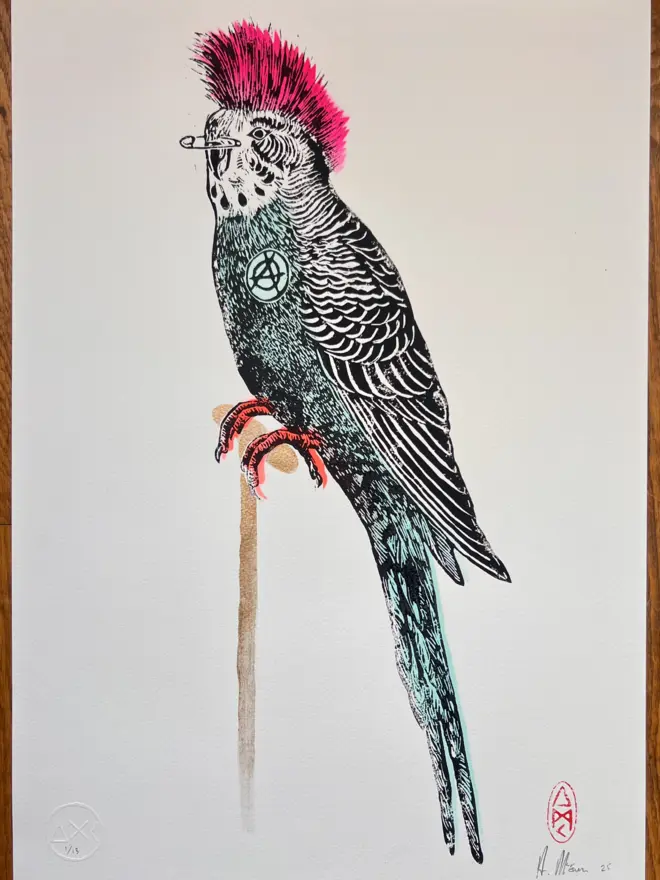 Punk budgie lino print, with symbols, coloured with blue and pink paint with on a white background. 