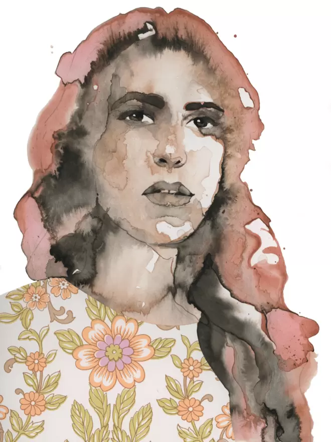 This image shows the full portrait - created in tones of pink, brown and peach.