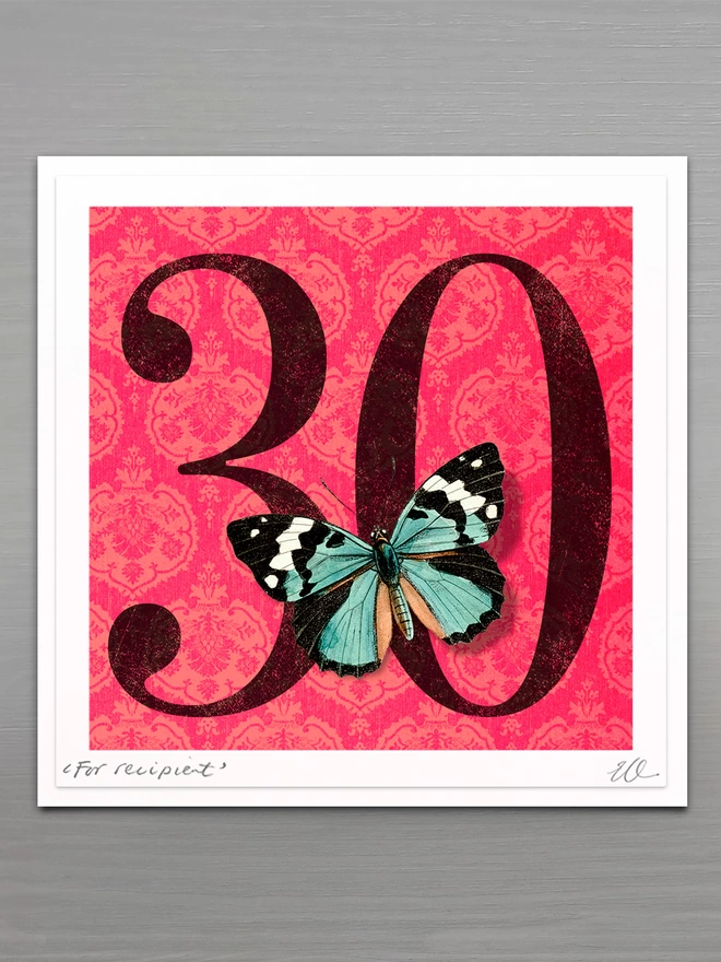 30th birthday butterflygram card with hand cut paper butterfly, personalised and signed