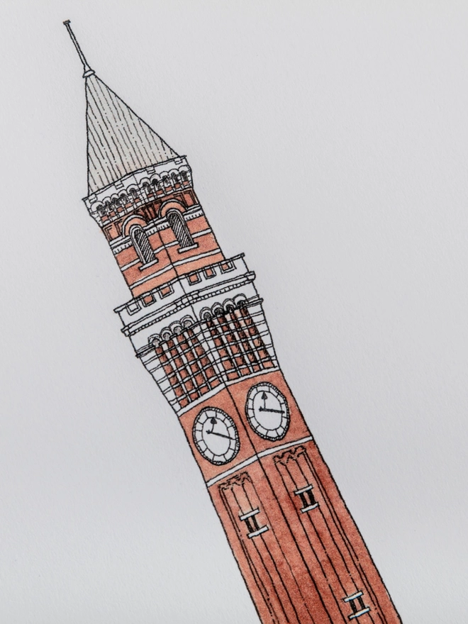 Print of detailed pen and watercolour drawing of the Old Joe clock tower, University of Birmingham, in a soft white mount