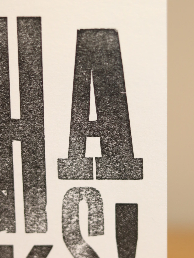 Close-up of a handmade letterpress printed thank you card