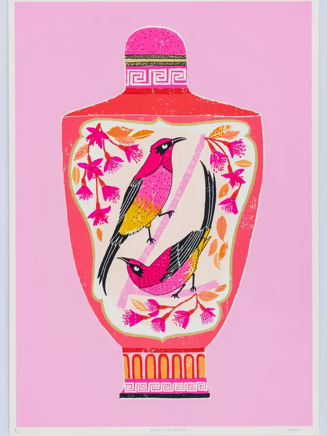 Sunbirds Snuff Bottle Screenprint Sunny Sunbirds, a colourful pink print of a pair of birds in a vase on a pink background. 