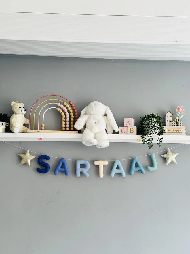 Personalised Name Garland with Stars, kids decoration, nursery bunting, baby gift, wall hanging in blue shades 