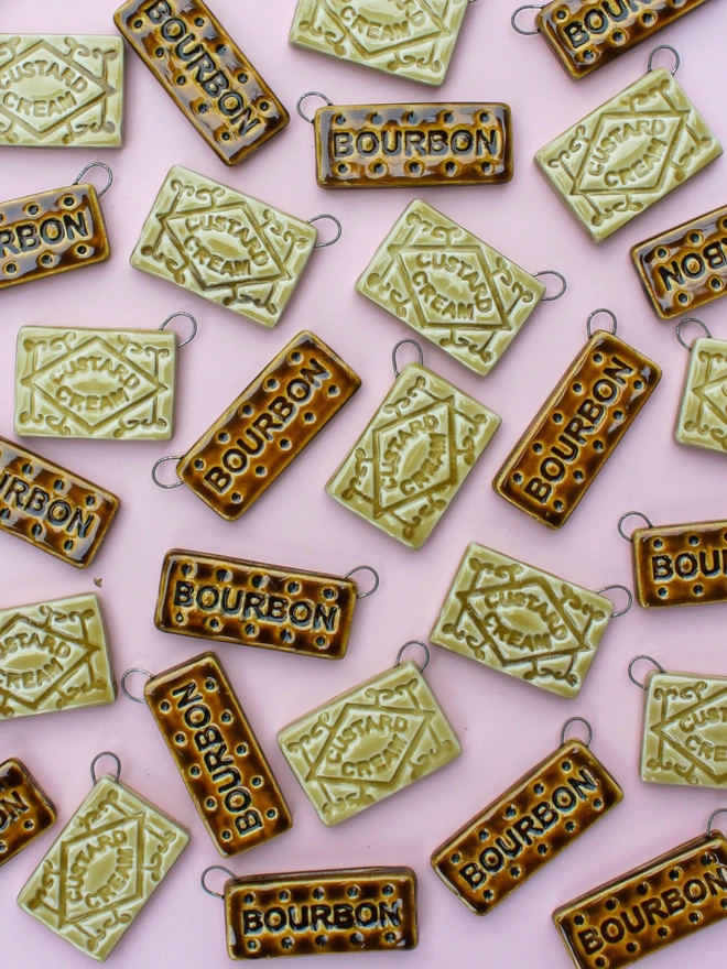 Ceramic biscuit Bourbon and Custard Cream Christmas tree decorations