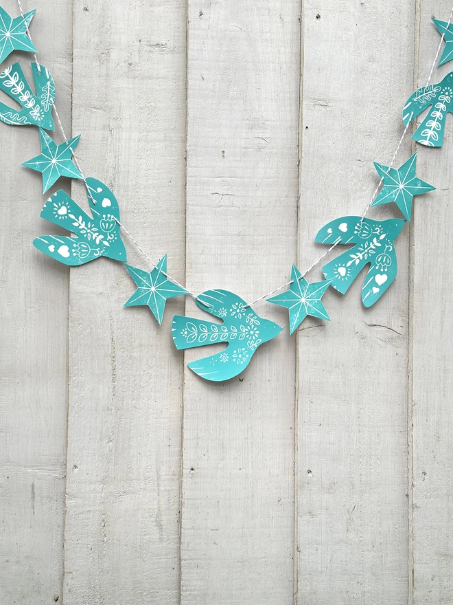 Teal Bird Garland - Hand Printed Linocut Doves