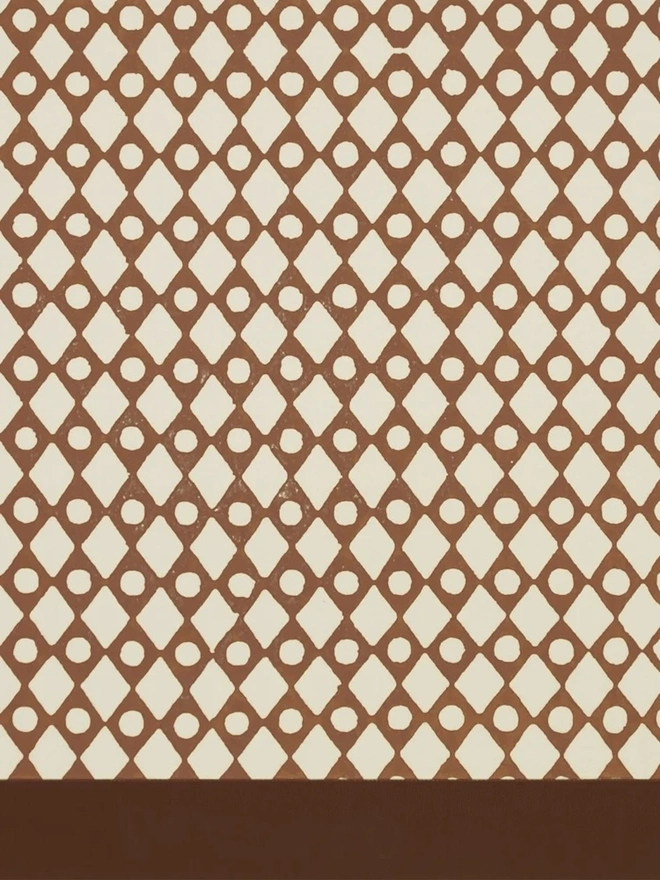 Retro Drum Lampshade. Close-up of a hand block printed lampshade showing a bold repeating geometric pattern. The colourful printed design and neat trim bring character and a handcrafted finish to any lamp.