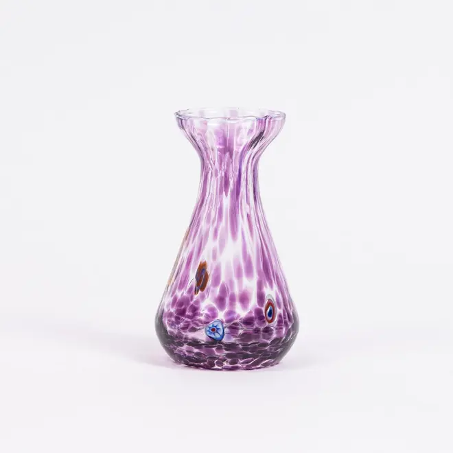 piccolo, curve shaped blown glass vase in purple