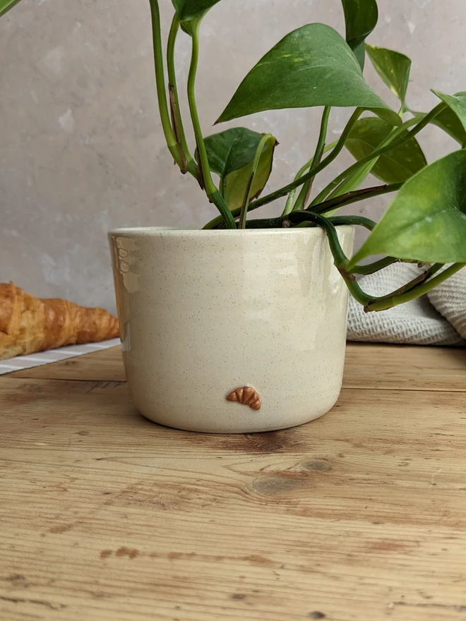 A small white plant pot with croissant design, holding a green leafy plant on a wooden surface.