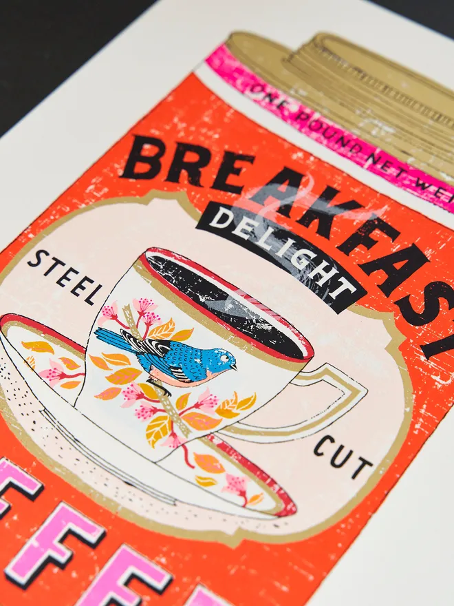 Screenprint A Cup Beyond Compare, a colourful coffee tin design in the centre of a white screenprint. 