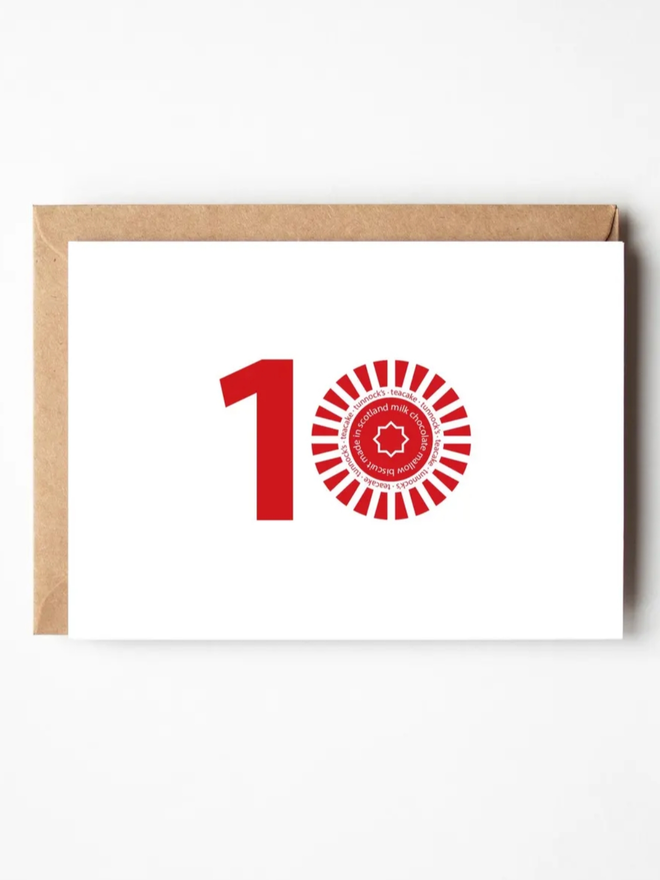 10th Birthday Teacake Card. A birthday card patterned with a 10, the 0 of which is a teacake.