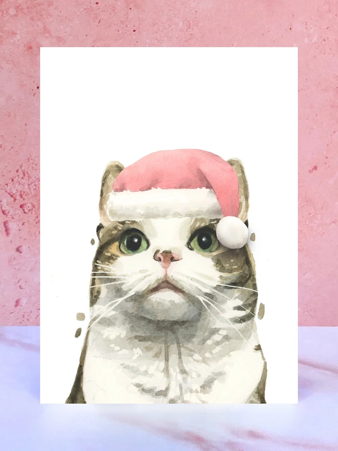 tabby white cat santa hat pompom christmas card