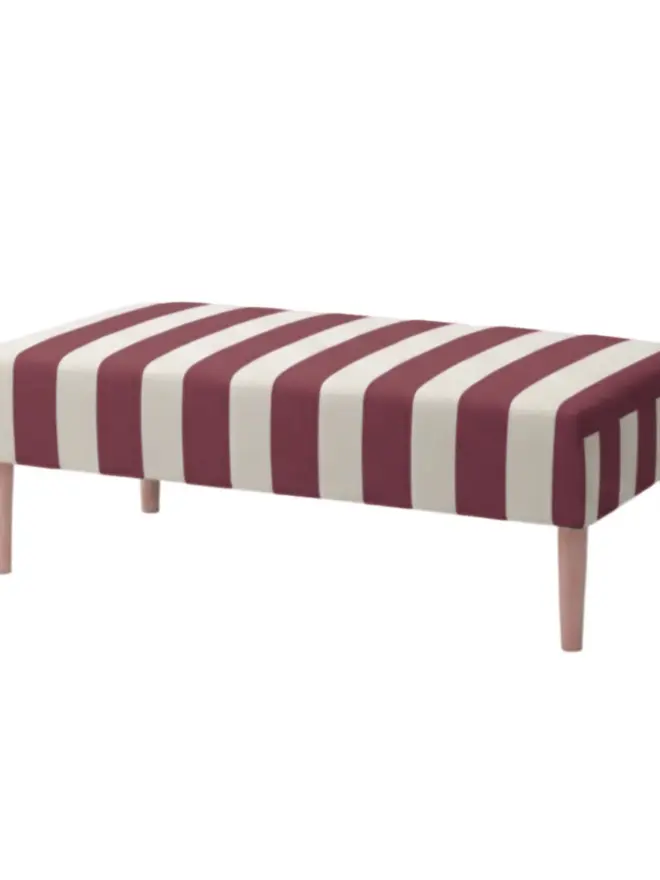 Hand Painted Upholstered Striped Linen Coffee Table Ottoman, burgundy coffee table sitting against a white backdrop. 