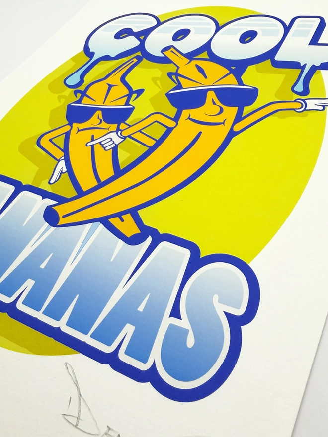 'Cool Bananas' Signed embossed fine art print, against a grey background. 