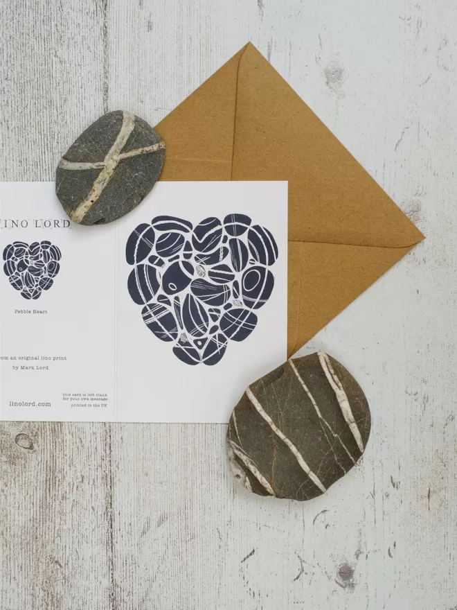 Greeting Card with an image of a Pebble Heart, taken from an original lino print