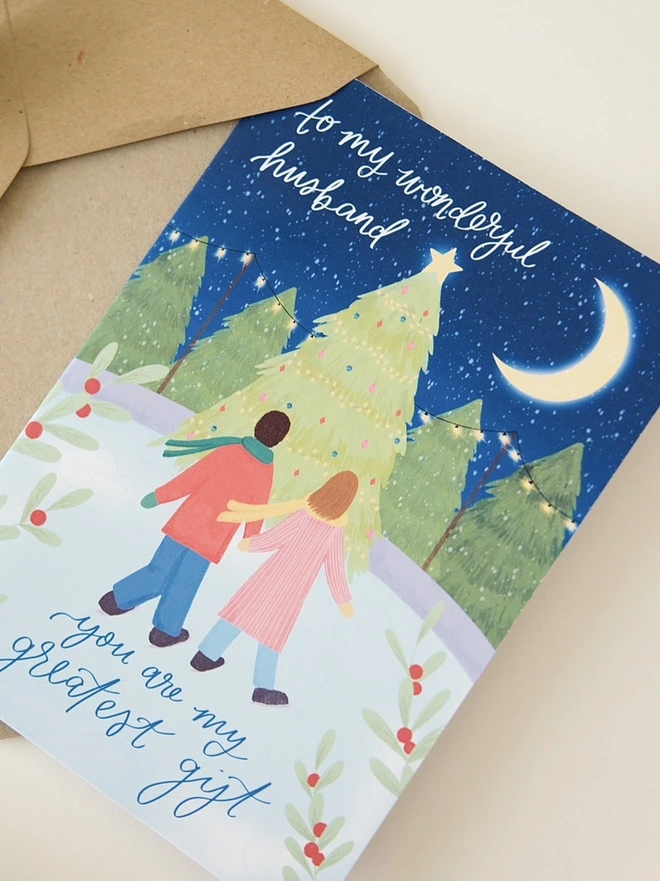 Ice skating scene illustrated Christmas card to my wonderful husband