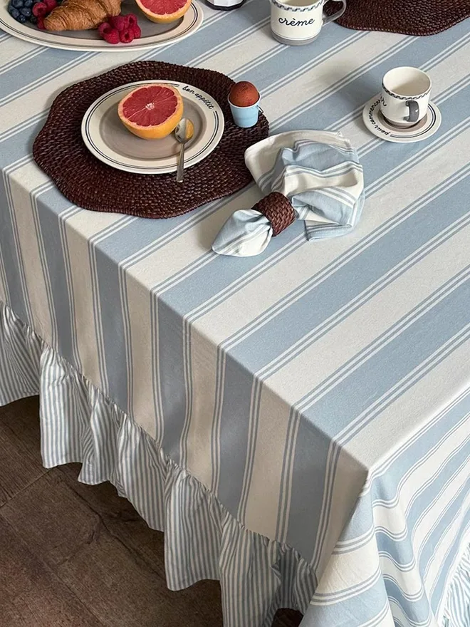 Murano Stripe Organic Ruffled Cotton Tablecloth Ruffle