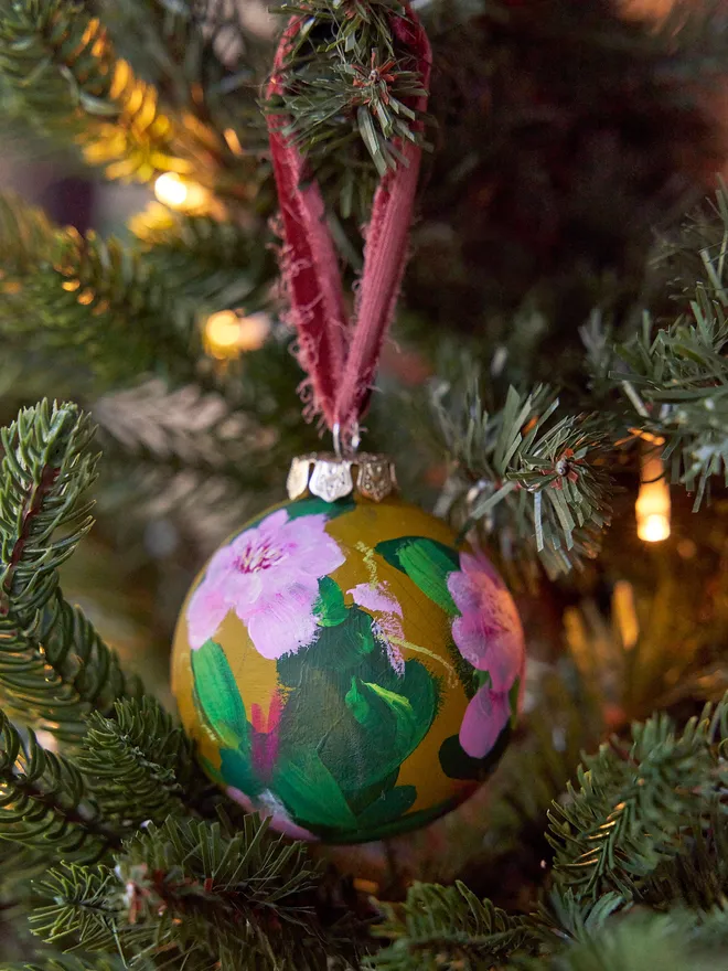 Hand painted floral Christmas tree bauble