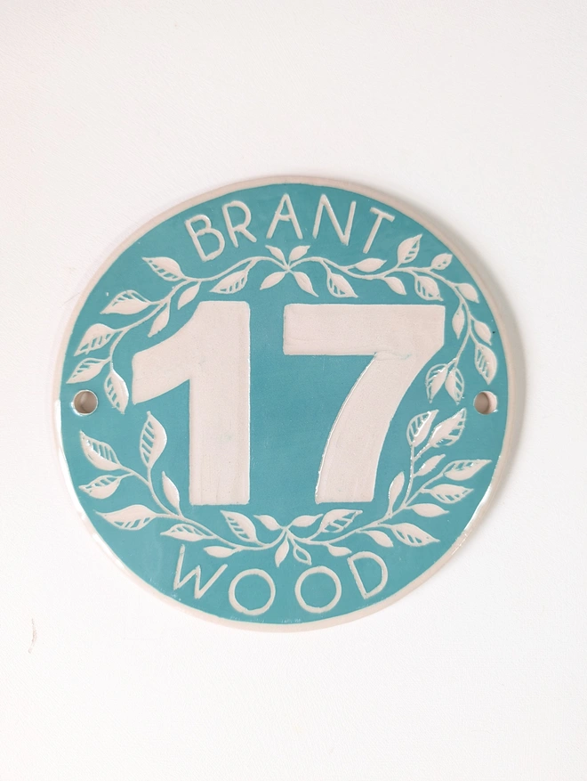 Turquoise Large Round Custom Made Ceramic Door Number with Sgraffito Leaf Pattern