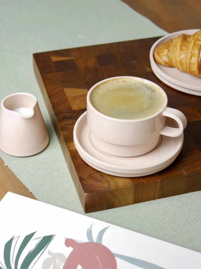 Ceramic Mug And Saucer Coffee Set in blush pink