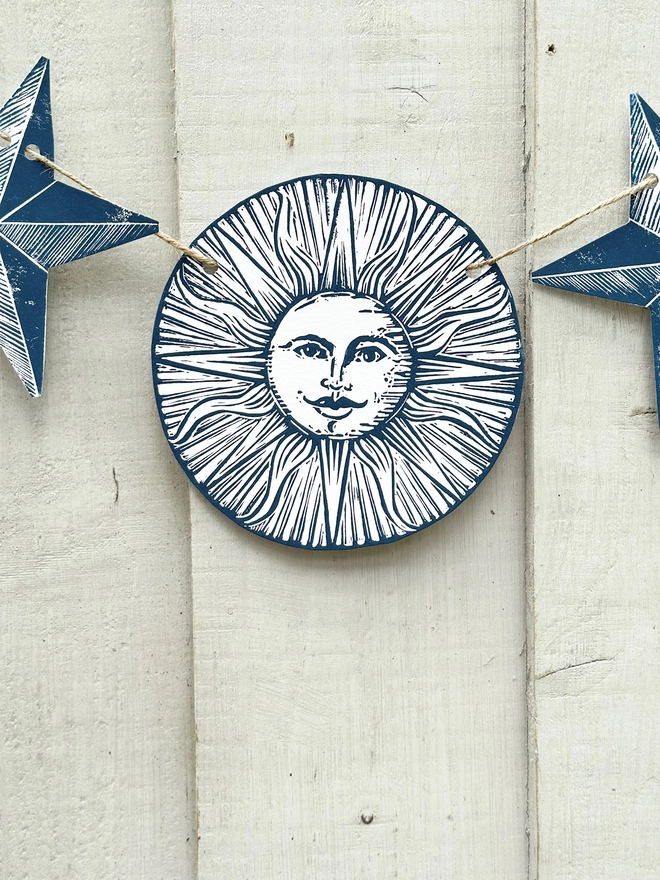 Mystical Moon, Stars & Sun Hand Printed Linocut Garland