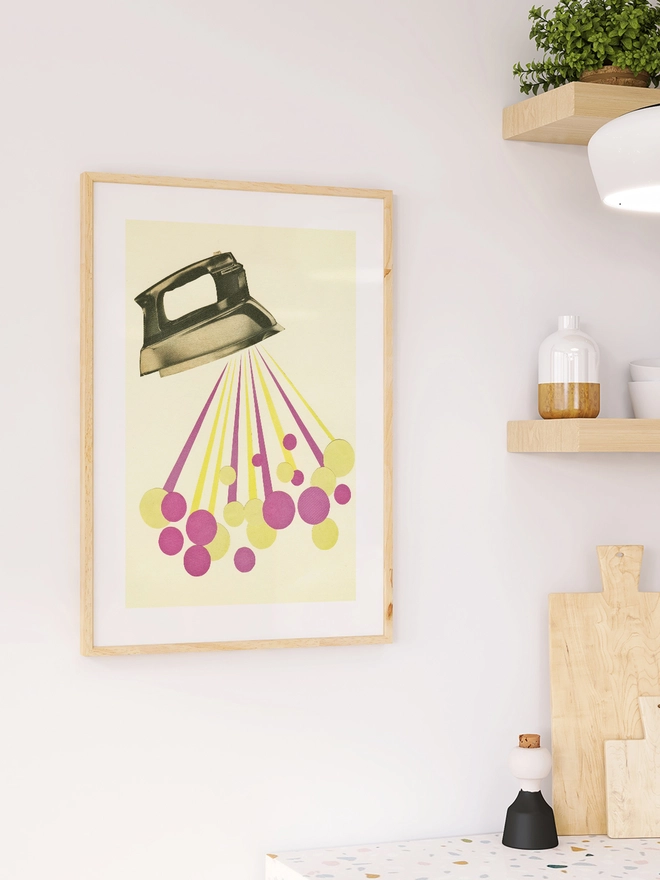 A print featuring a colourful steaming iron.