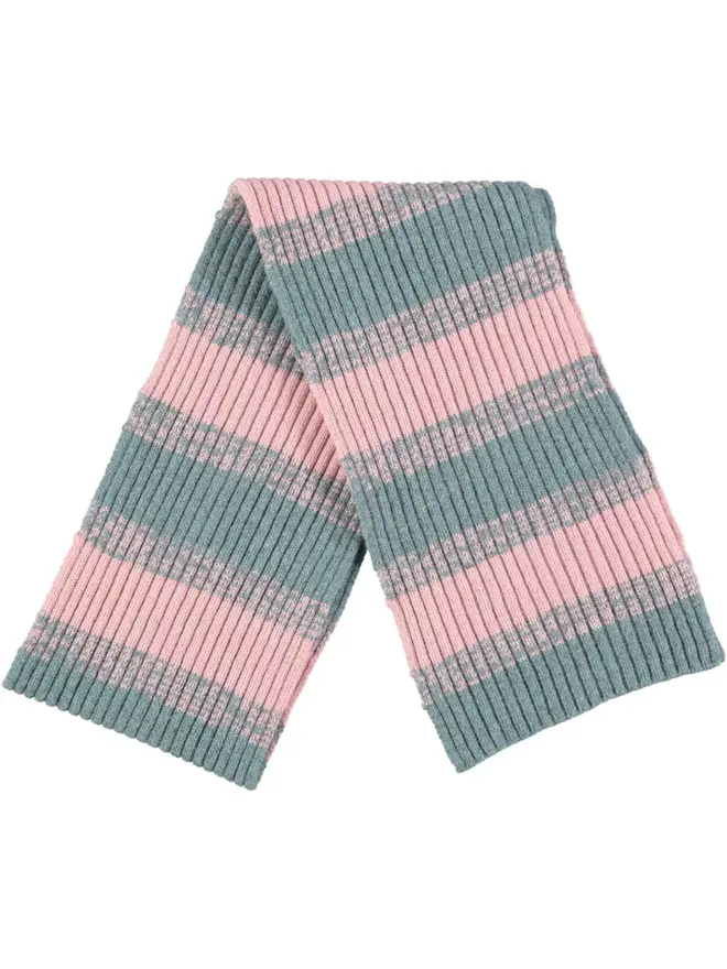 Lambswool Striped Scarf, a colourful striped scarf sitting on a plain white surface. 