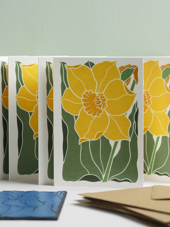 Bright yellow daffodil spring linocut notecard set