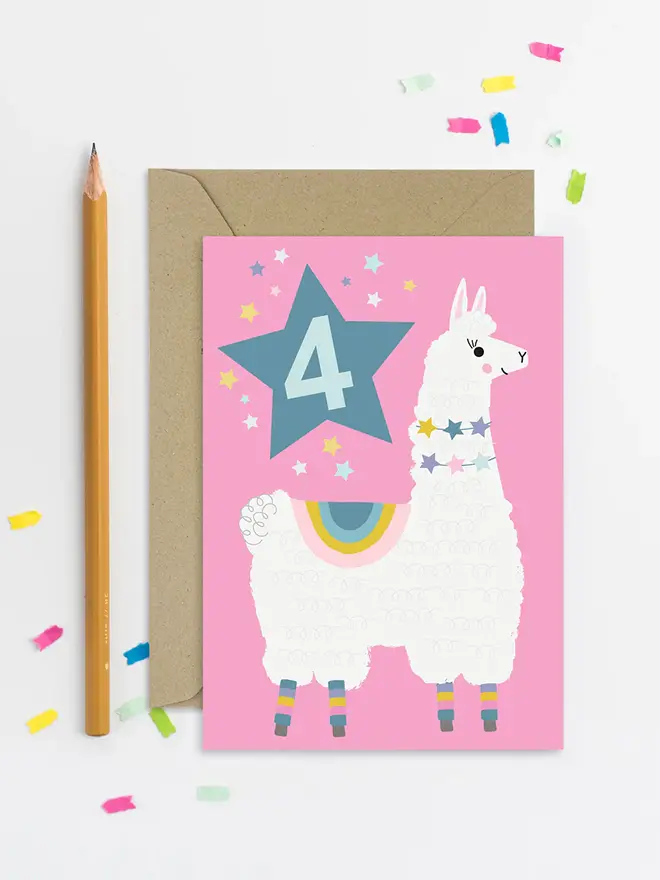 Llama Pink Birthday Age 4 Card 