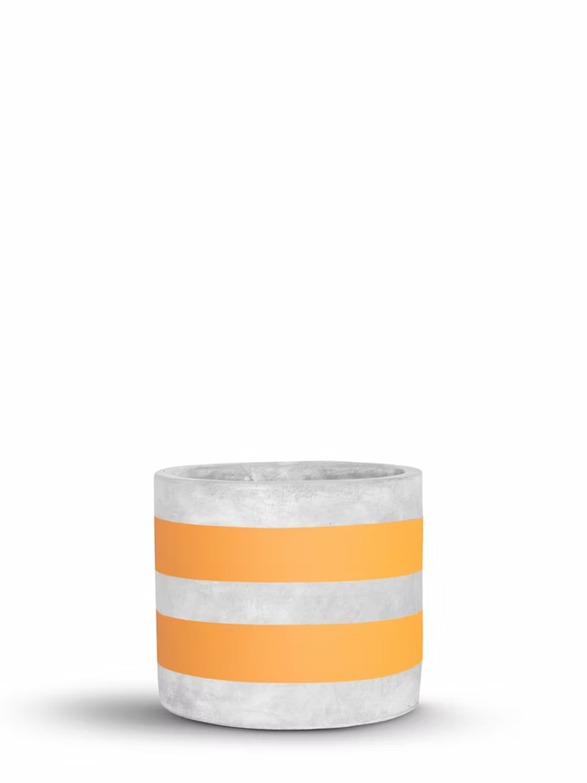 two stripes concrete plant pot. a grey plant pot with orange painted stripes.
