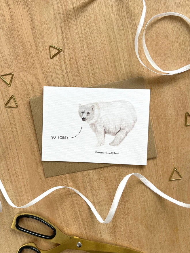 a greetings card featuring an illustration of a kermode bear with the text “so sorry”