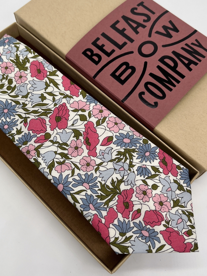 Pink & Blue Meadow Floral Tie handmade by the Belfast Bow Company