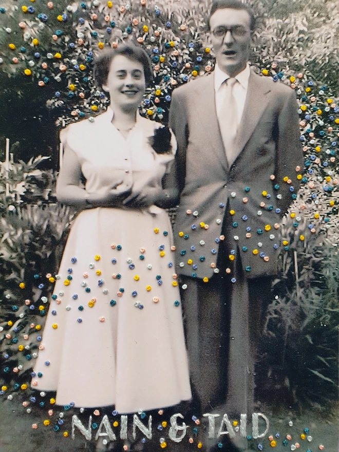  Close up image of wedding photo in B&W with hand embroidered confetti and name