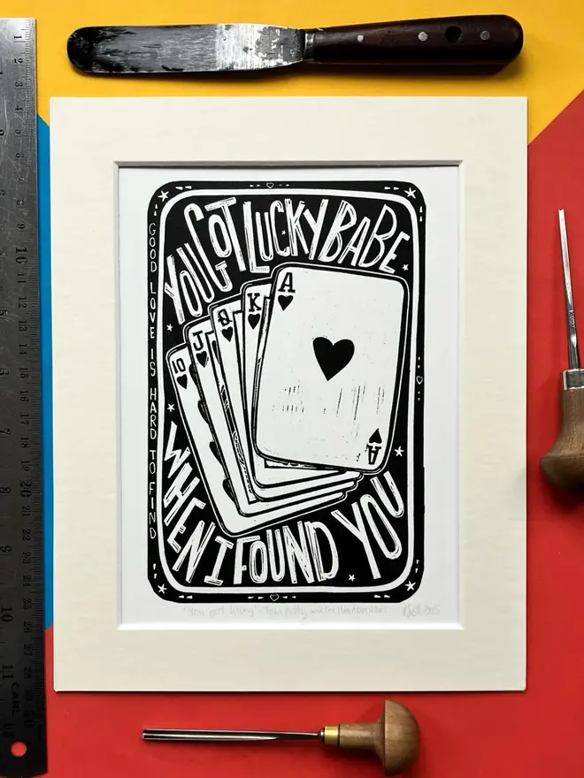 You got lucky by Tom Petty and the Heartbreakers, 8"x10" linocut print by Pamela Scott. Song Lyrics.Royal Flush.Lucky.Hearts.Long After Dark