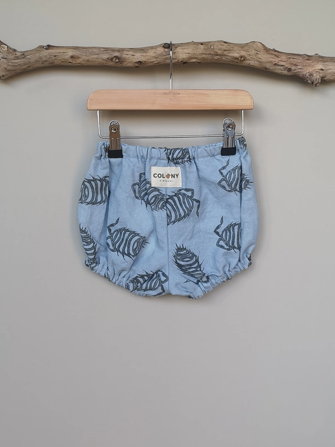 Baby Blue Cotton Linen Baby Bloomers. Elasticated waist and leg holes. Featuring a delicate charcoal grey Woodlouse print.