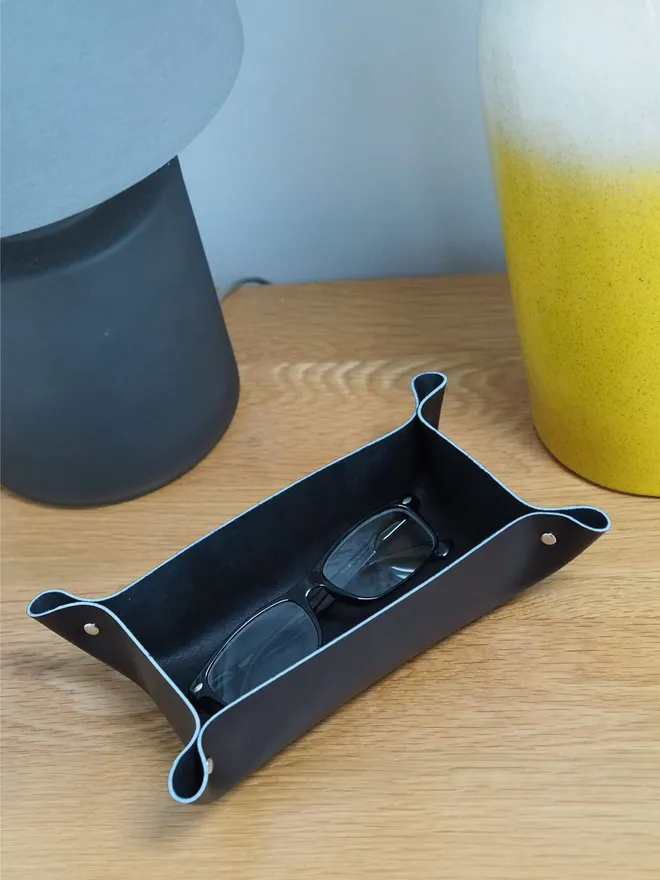 black rectangular leather tray